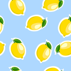 Pattern. lemon and leaves same sizes on blue background.