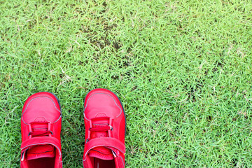 The contrast of kid shoes and green field.