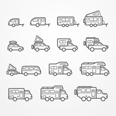 Set of camping car icons in flat silhouette line style. Travel SUV, pickup, truck and trailer icons. Transport vector stock illustration. - 116256229