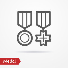Abstract simplistic combat medal icon in silhouette line style with shadow. Army vector stock image.