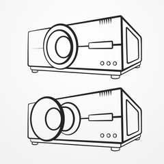 Set of two abstract typical projectors in graphic silhouette style. Video vector stock image.