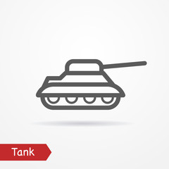 Abstract simplistic tank icon in silhouette line style with shadow. Army vector stock image.