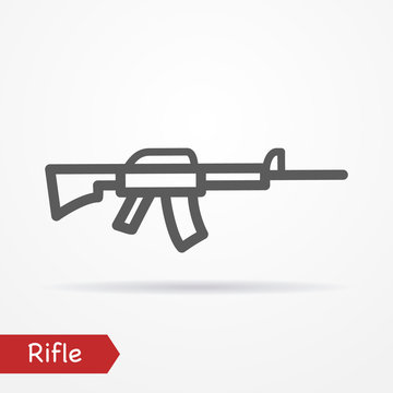 Abstract simplistic rifle icon in silhouette line style with shadow. Military vector stock image.