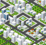 3D isometric city landscape of skyscrapers, houses, gardens and streets in a three-dimensional top view