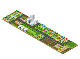 3D isometric city landscape of skyscrapers, houses, gardens and streets in a three-dimensional top view