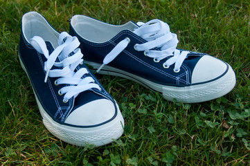 paire de baskets bleues d'état dans l'herbe
