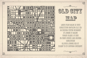 Retro map of the city. Editable vector street map of a fictional generic town. Abstract urban background.