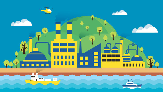Urban landscape of the city. Ecology, environmental protection: the production, factory, pollution, smoke, building. The sea with merchant ships and waves. Vector illustration flat