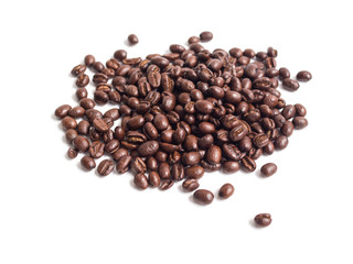 Closeup on dark brown coffee brans isolated on white background