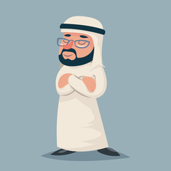 Winner Vintage Arab Businessman Standing Proud Clever Character Icon on Stylish Background Retro Cartoon Design Vector Illustration
