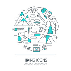 Outdoor concept. Travel and camping linear icons in round shape. Summer tourism items. Can be used for flyers, cards, banners, web or illustrations. Design elements with open paths.