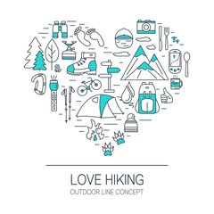 Love hiking. Outdoor concept. Travel and camping line icons in heart shape. Summer tourism items. Can be used for flyers, cards, banners, web or illustrations. Design elements with open paths.
