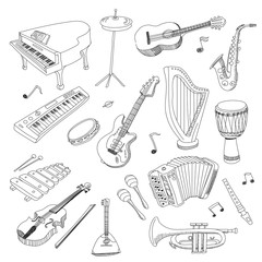 Set of Music Instruments - hand drawn vector