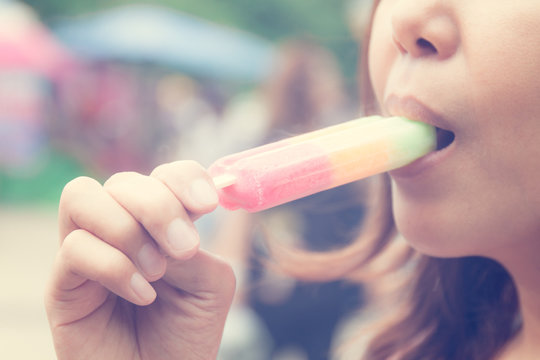 Close Up Asian Woman  Eating  Ice Cream