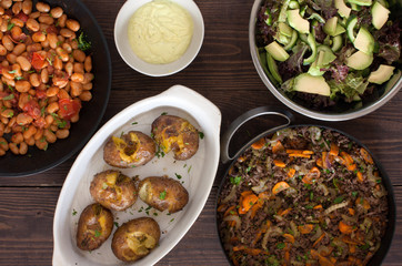 ground beef, potatoes, salad, butter beans, mayonnaise