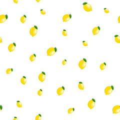 Pattern. small lemon and leaves different sizes on white background.