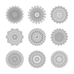 Set of mandala. Vector vintage hand-drawn highly detailed round mandala elements. Luxury lace festive ornament card. Islam, Arabic, Indian, Turkish, Ottoman, Pakistan motifs.