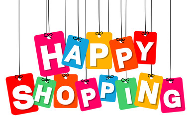 Vector colorful hanging cardboard. Tags - happy shopping