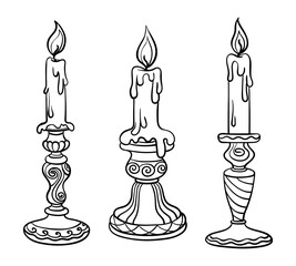 Vector illustration, outline, coloring book, set, candle in a candlestick, flame, hand-painting, abstraction