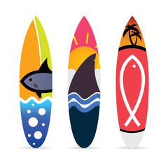 surfboard with fish icon on it set illustration
