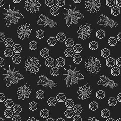 Seamless pattern of bees, flowers and honeycomb.