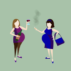 pregnant woman drink alcohol and talk with smoking lady. alcoholism. addicted behavior