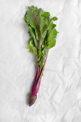 Young beet with leaves on a white parchment