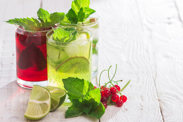 Refreshing drinks and various fresh fruits and berries