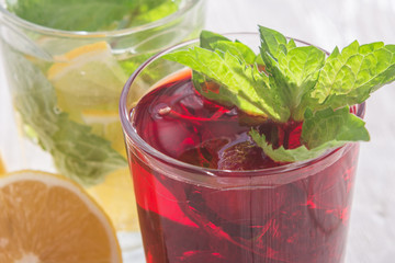 Refreshing drinks and various fresh fruits and berries