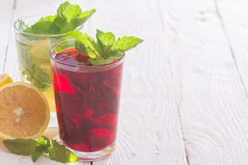 Refreshing drinks and various fresh fruits and berries