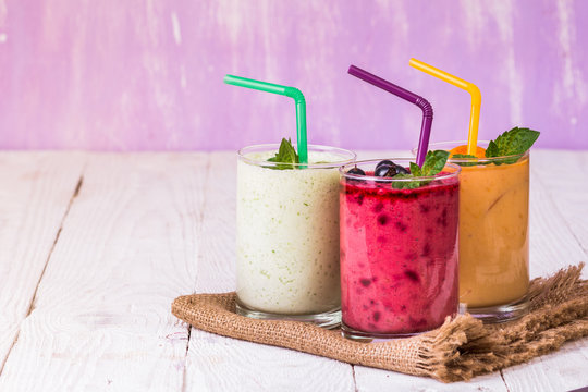 Various smoothies in glasses