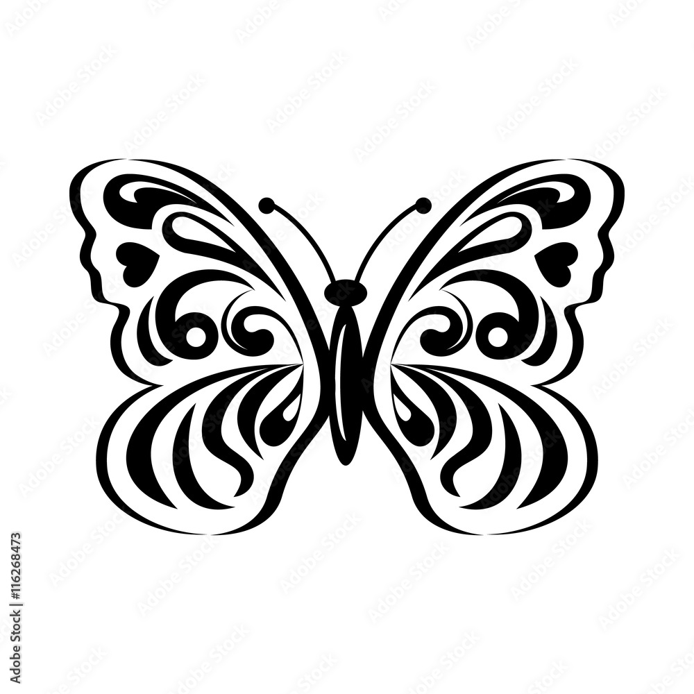 Poster butterfly with abstract patterning on wings icon in simple style isolated on white background. insec