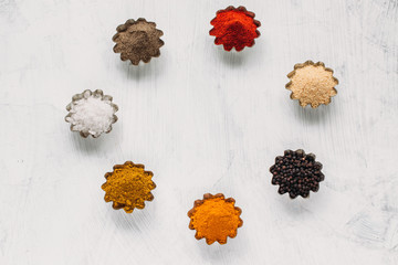 Wooden table of colorful spices