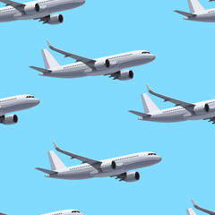 Flying Plane Concept. Seamless Pattern. Vector Illustration. Blue Sky