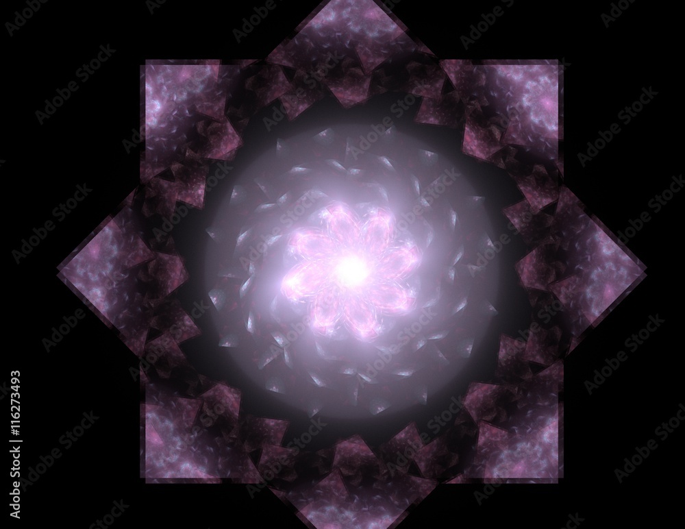 Poster particles of abstract fractal forms on the subject of nuclear physics science and graphic design. ge