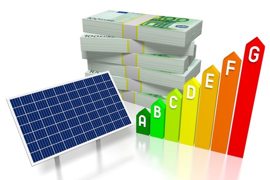 Money, solar panels concept