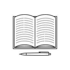 Open notebook with lined pages and pen. Thin line vector illustration. Education icon