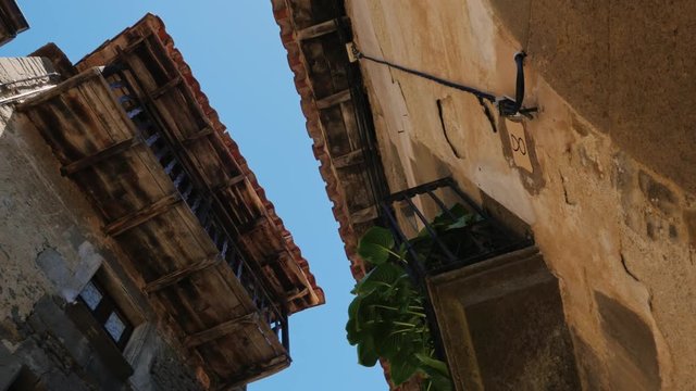 The old houses with balconies in the village of Rupit. The famous landmark of Catalonia and Spain.