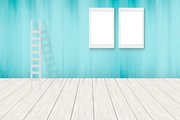 Blue wooden background with white frames, interior decoration