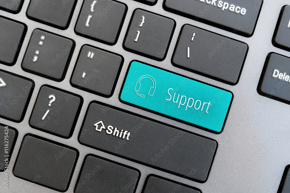 Fototapete computer keyboard with headphone icon and word support on blue enter button. online service concept.