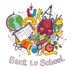 Back to school - Sketch colored illustration of education objects, doodles elements, hand drawn. Vector EPS10