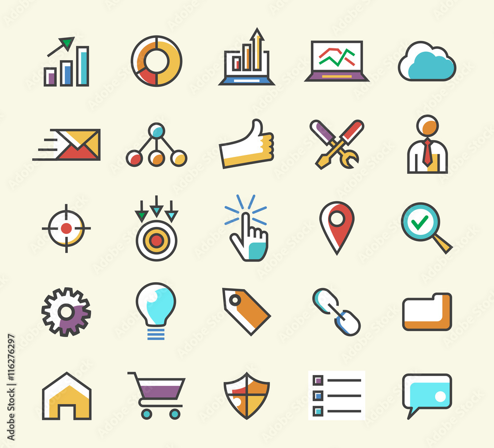 Poster set of 25 minimalistic solid line coloured seo icons. isolated vector elements.