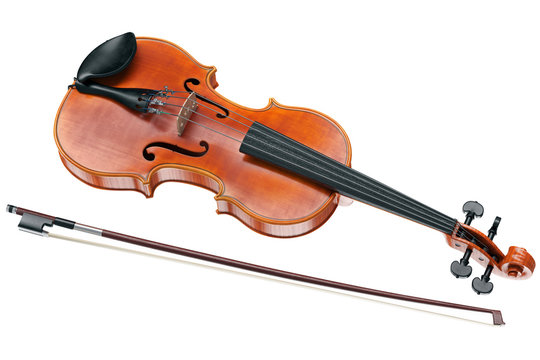 Viola stringed musical instrument with wooden bow. 3D graphic