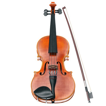 Violin classical stringed musical instrument, front view. 3D graphic