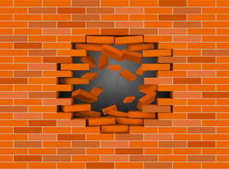 Broken white brick wall with flying bricks
