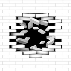 Broken white brick wall with flying bricks