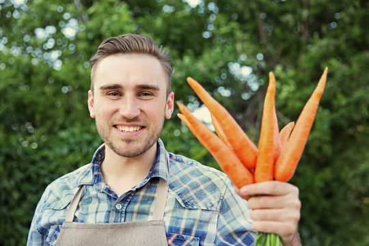 Handsome man with carrots in green garden