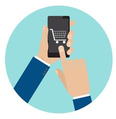 Hand hold smartphone with shopping cart, e-commerce. Vector illustration