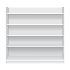 White Long Blank Empty Showcase Displays With Retail Shelves Front View 3D Products On White Background Isolated. Ready For Your Design. Product Packing. Vector EPS10