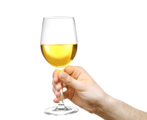 Male hand holding glass of wine isolated on white